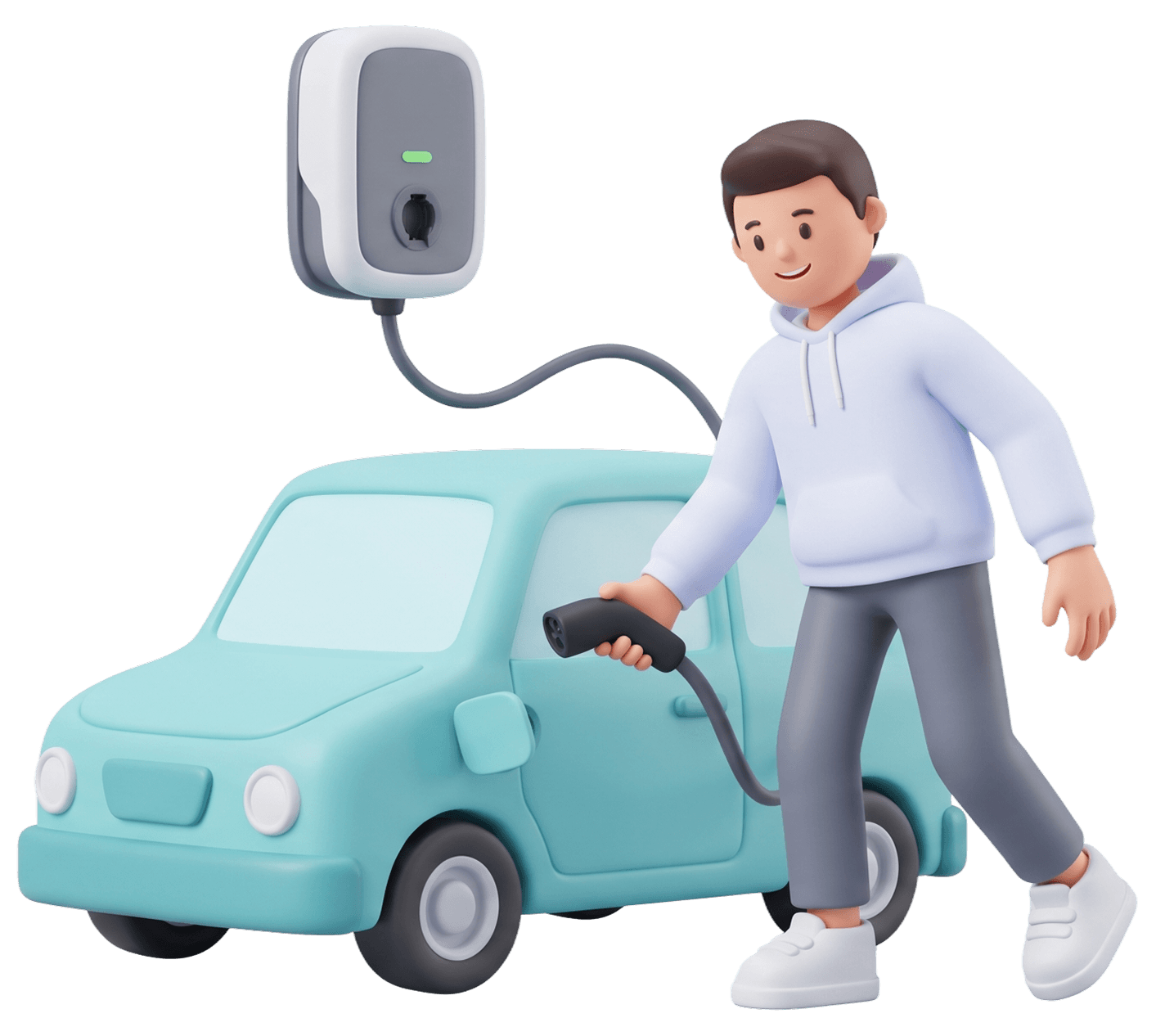 Mężczyzna podłącza auto elektryczne do ładowarki ściennej